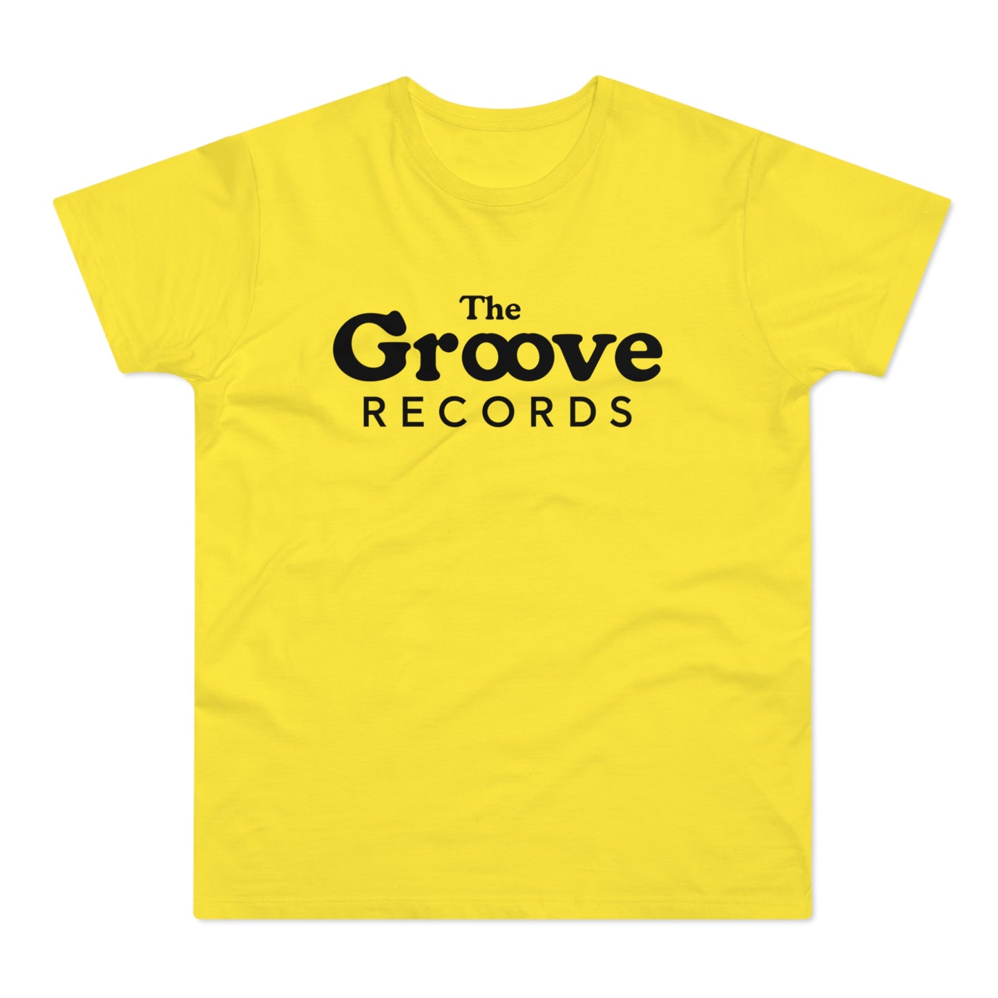 Yellow t-shirt with black "The Groove Records" text logo.