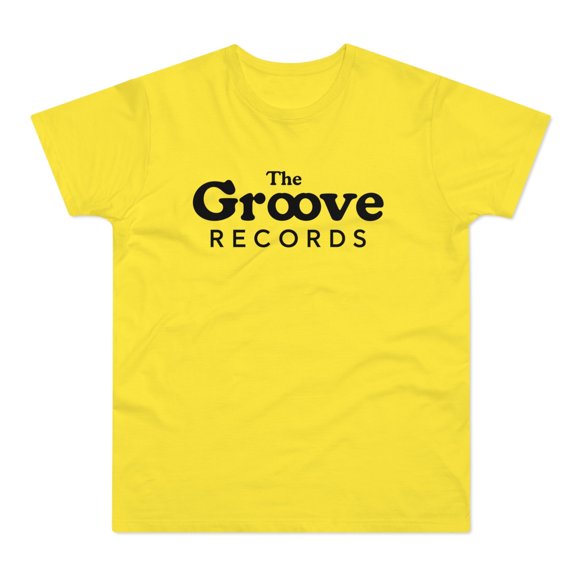 Yellow t-shirt with black "The Groove Records" text logo.