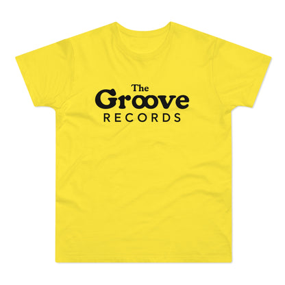 Yellow t-shirt with black "The Groove Records" text logo.