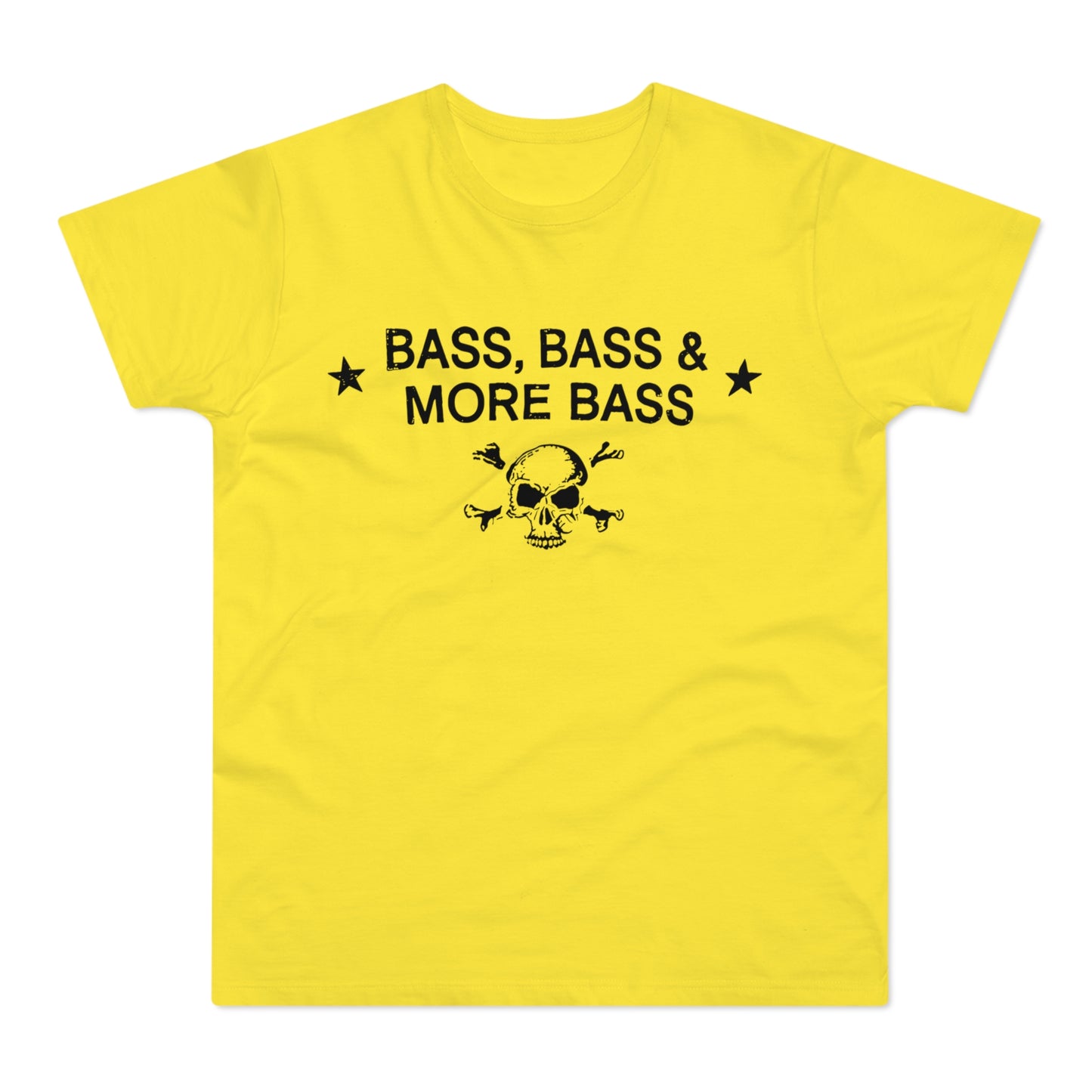 Yellow t-shirt with black text "BASS, BASS & MORE BASS" and skull and crossbones.