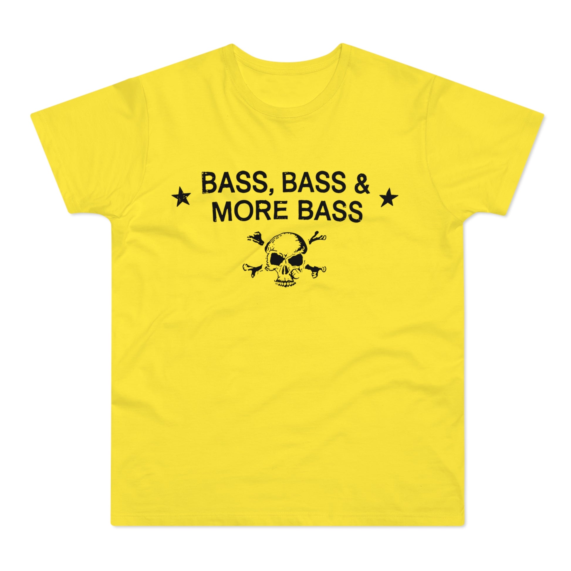 Yellow t-shirt with black text "BASS, BASS & MORE BASS" and skull and crossbones.