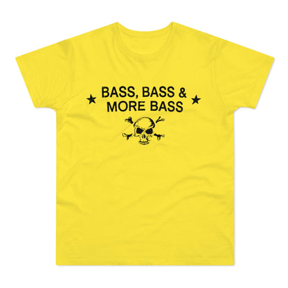 Yellow t-shirt with black text "BASS, BASS & MORE BASS" and skull and crossbones.