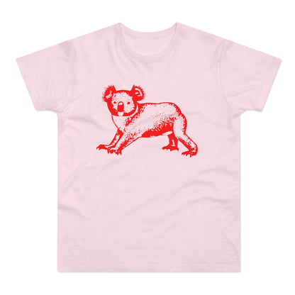 Red koala graphic on a light pink t-shirt.