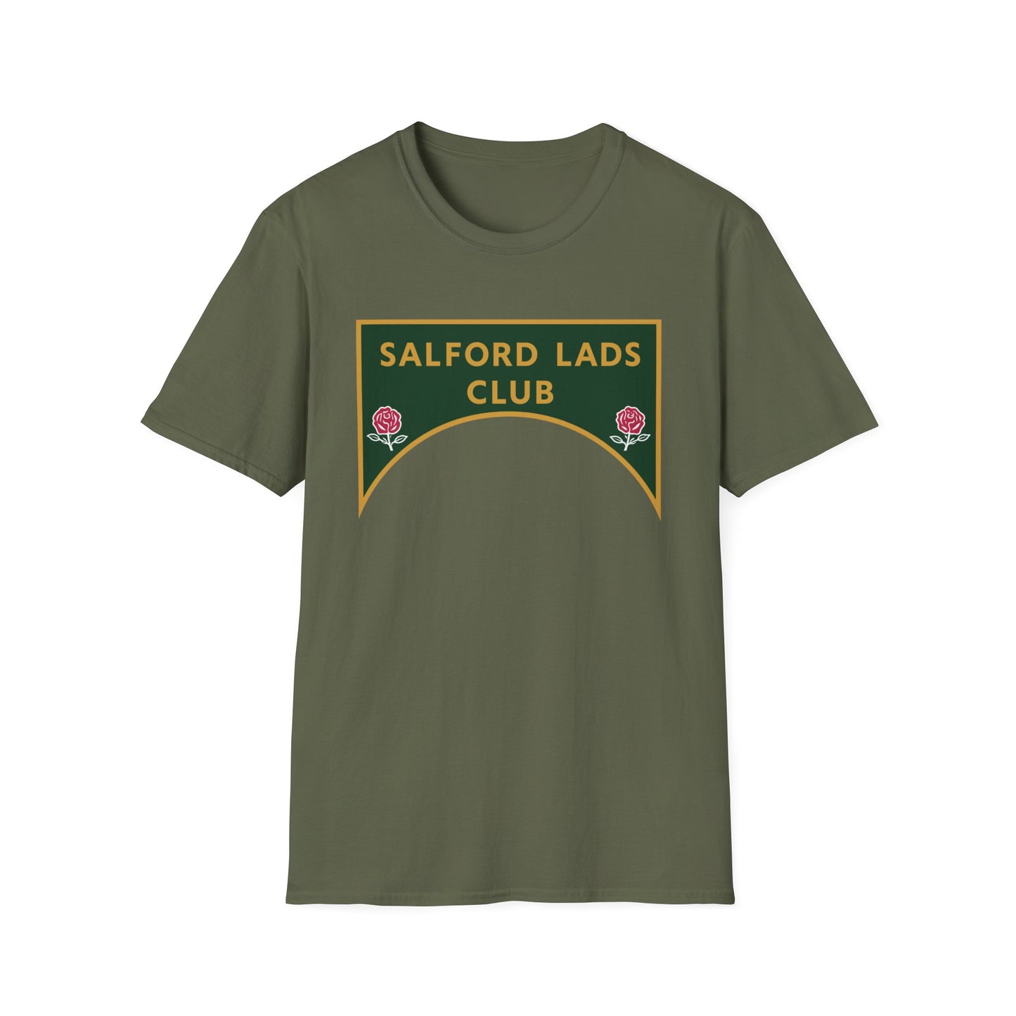 Olive green t-shirt with a green and gold "Salford Lads Club" logo featuring roses.