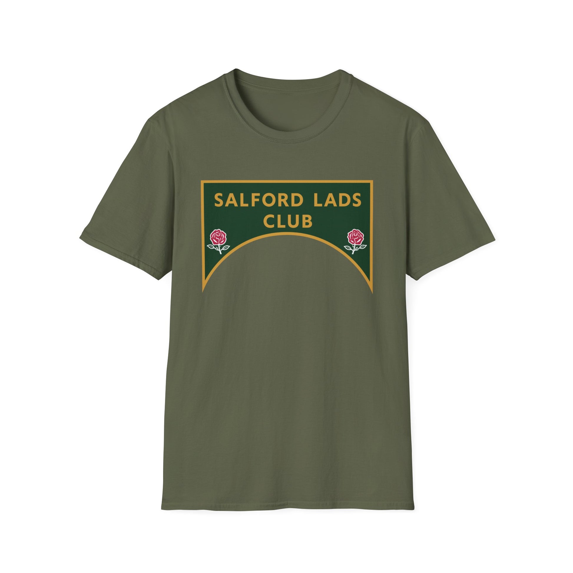 Olive green t-shirt with a green and gold "Salford Lads Club" logo featuring roses.