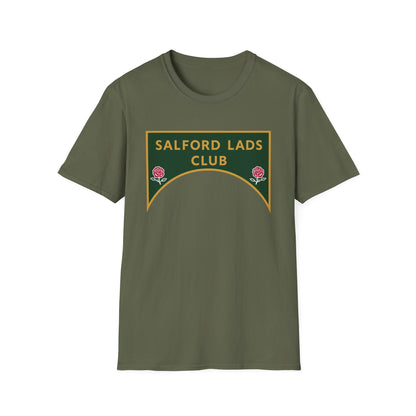 Olive green t-shirt with a green and gold "Salford Lads Club" logo featuring roses.