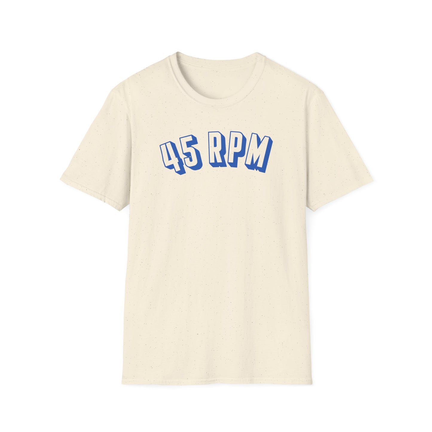 Cream t-shirt with blue 45 RPM text graphic.