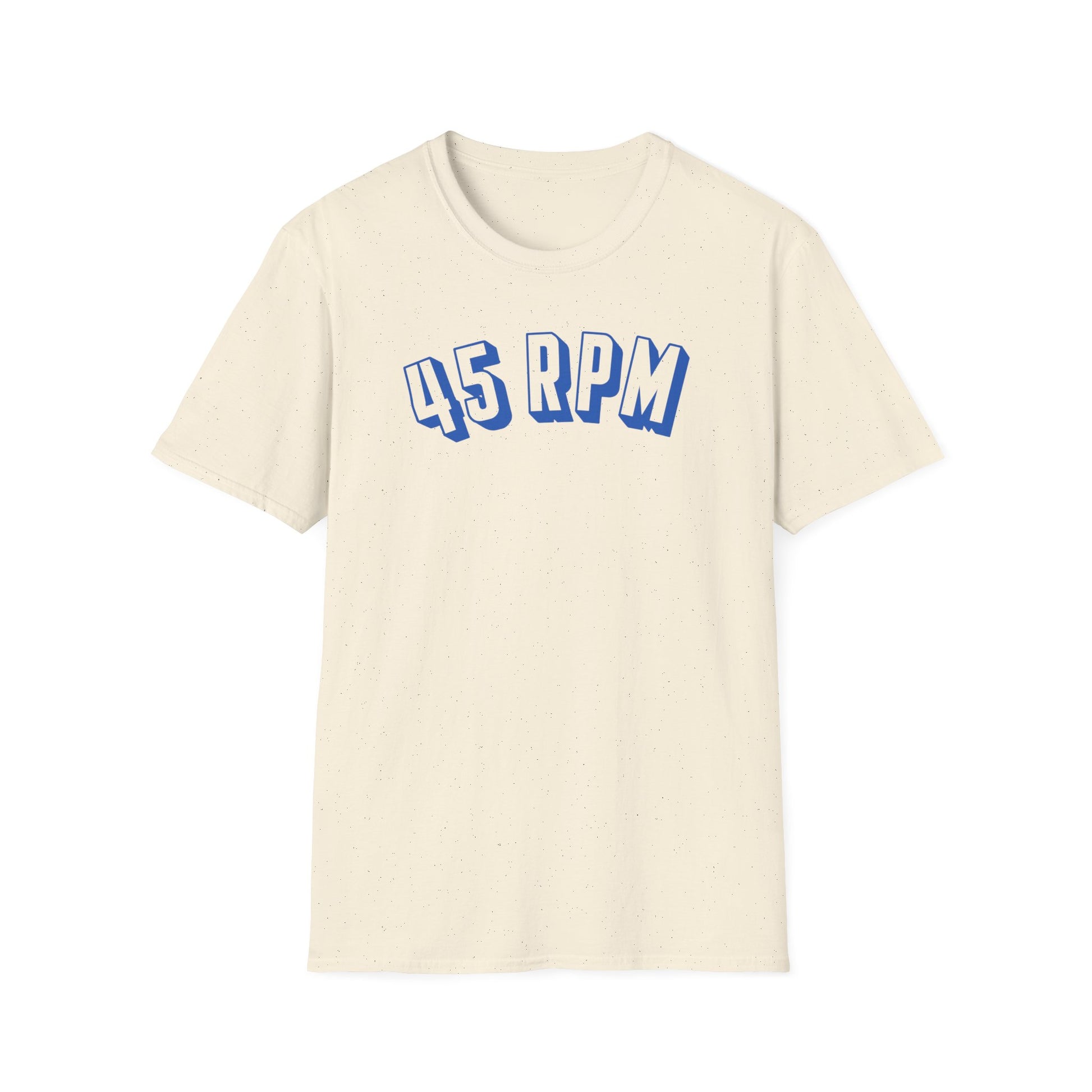 Cream t-shirt with blue 45 RPM text graphic.