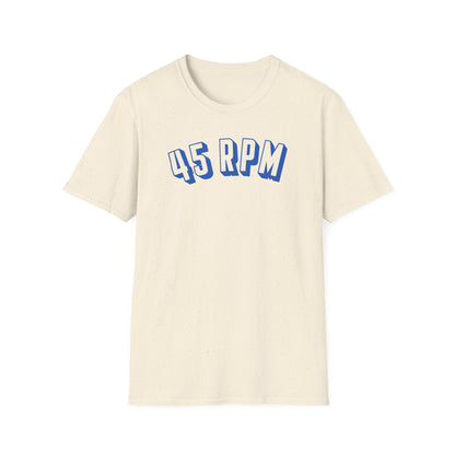 Cream t-shirt with blue 45 RPM text graphic.