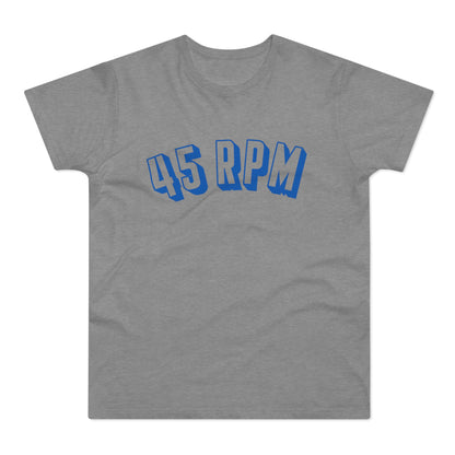 Grey t-shirt with blue "45 RPM" graphic text.