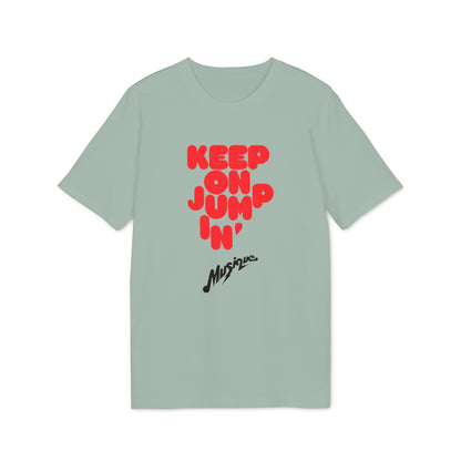 Light green short-sleeved t-shirt featuring bold red text reading "KEEP ON JUMPIN'" and black script text below.
