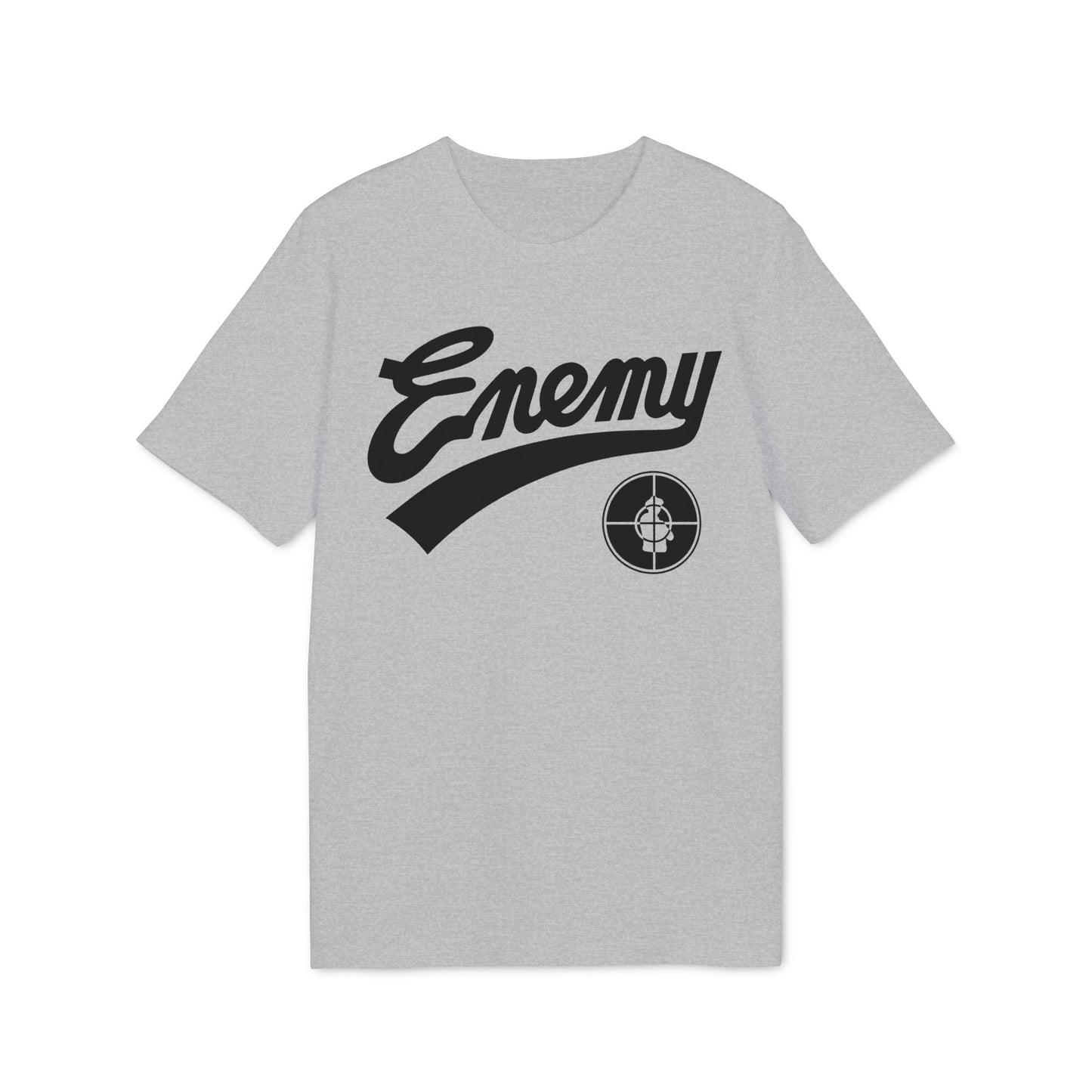 Grey t-shirt with black "Enemy" text and a target logo.