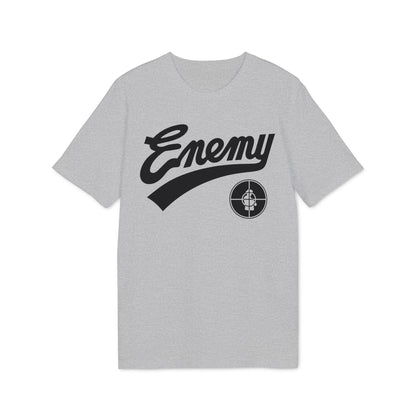 Grey t-shirt with black "Enemy" text and a target logo.