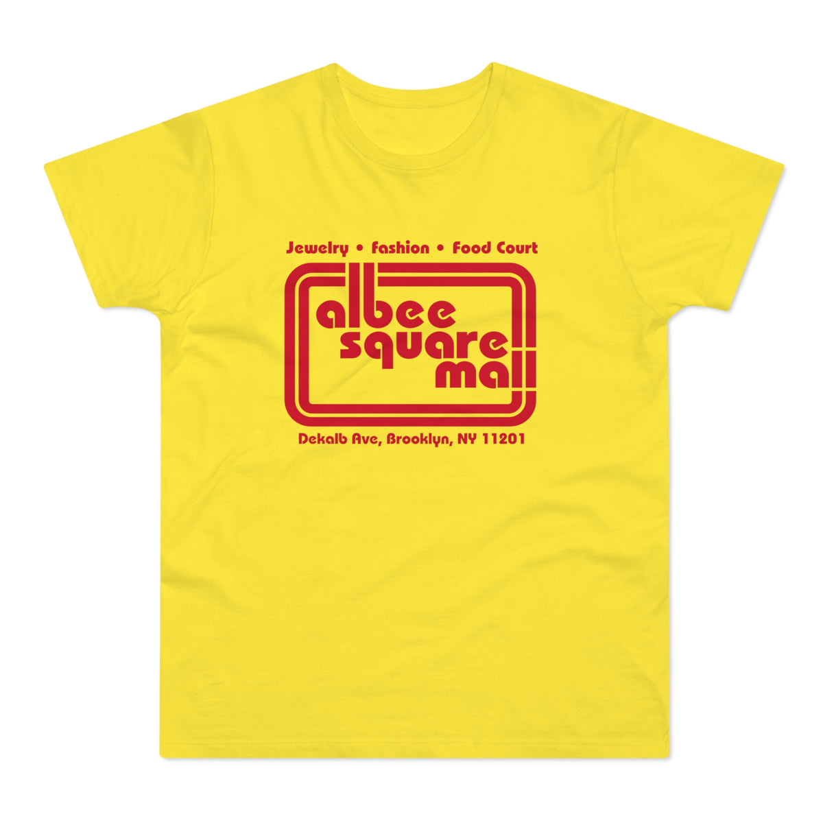 Yellow t-shirt with red text for Albee Square Mall in Brooklyn, NY.