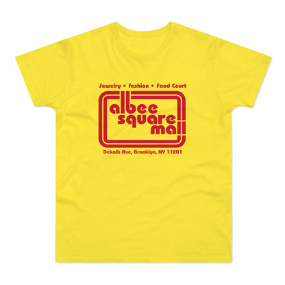 Yellow t-shirt with red text for Albee Square Mall in Brooklyn, NY.