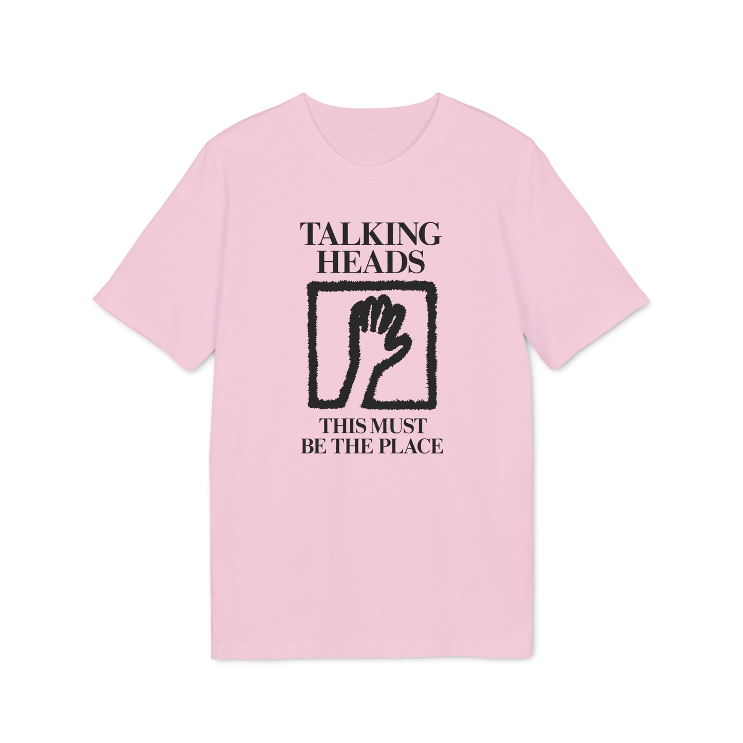 Light pink t-shirt with "Talking Heads" and "This Must Be The Place" text, and hand illustration.