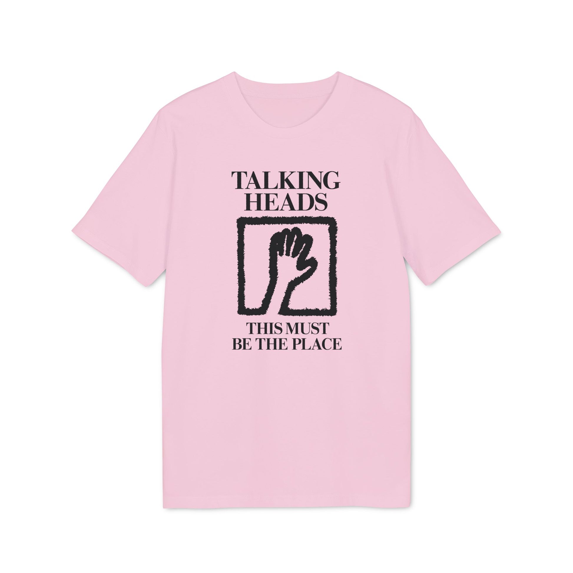 Light pink t-shirt with "Talking Heads" and "This Must Be The Place" text, and hand illustration.