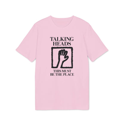 Light pink t-shirt with "Talking Heads" and "This Must Be The Place" text, and hand illustration.