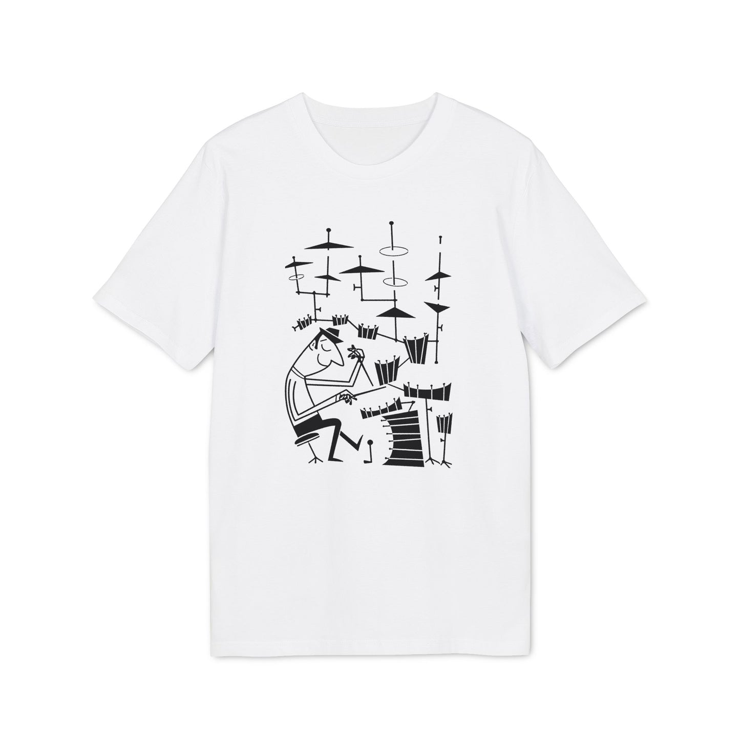 White t-shirt with a black line drawing of a person playing drums.