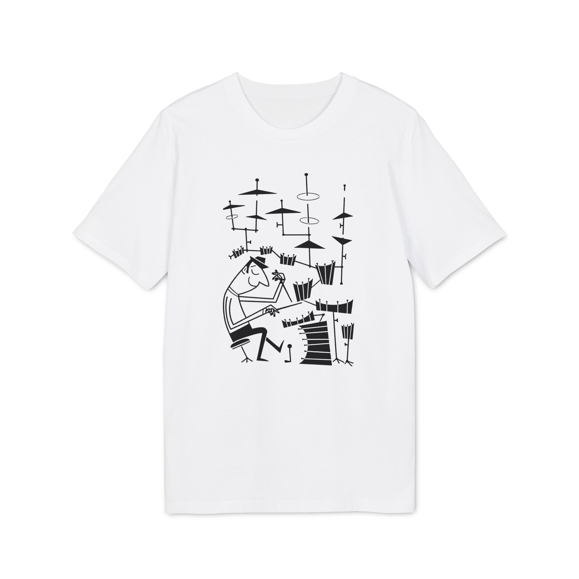 White t-shirt with a black line drawing of a person playing drums.