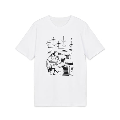 White t-shirt with a black line drawing of a person playing drums.