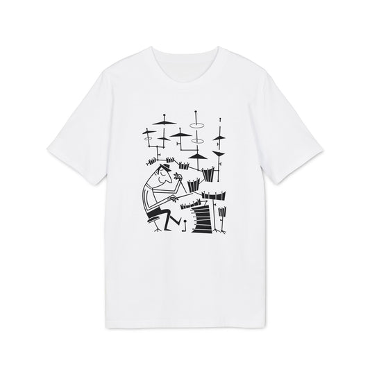 White t-shirt with a black line drawing of a person playing drums.