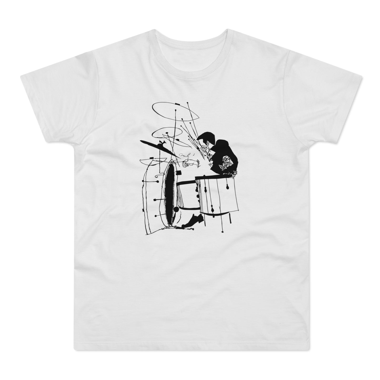 Drummer playing drums in abstract black and white line art.