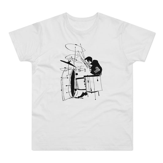Drummer playing drums in abstract black and white line art.
