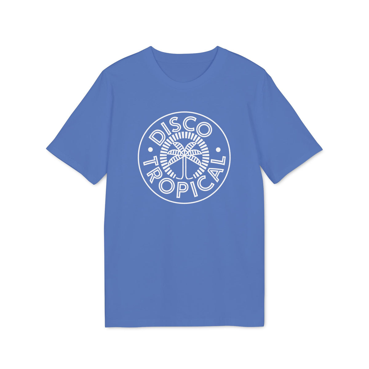 A blue short-sleeved t-shirt featuring a white circular graphic with a palm tree and the text Disco Tropical.