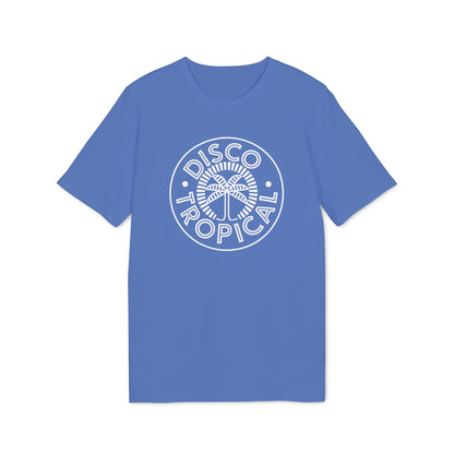 A blue short-sleeved t-shirt featuring a white circular graphic with a palm tree and the text Disco Tropical.