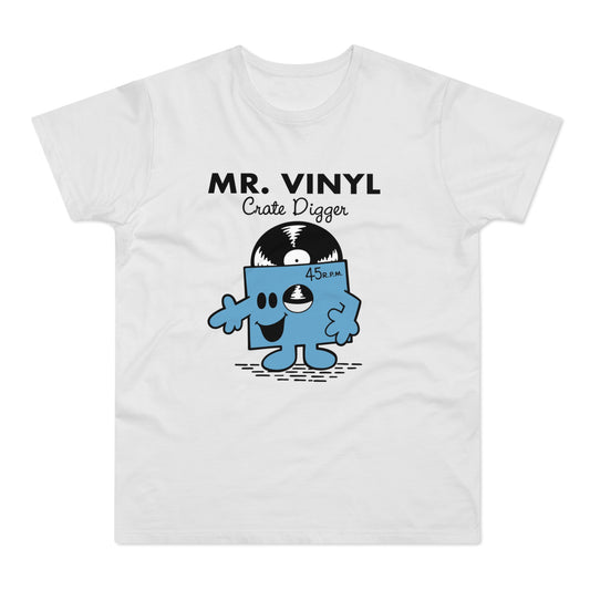 White t-shirt with Mr. Vinyl Crate Digger graphic, featuring a cartoon record and 45 R.P.M. label.