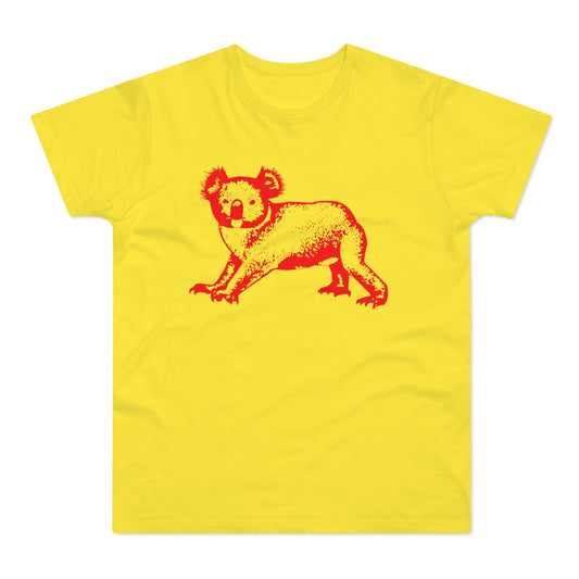 Yellow t-shirt with a red koala graphic print.