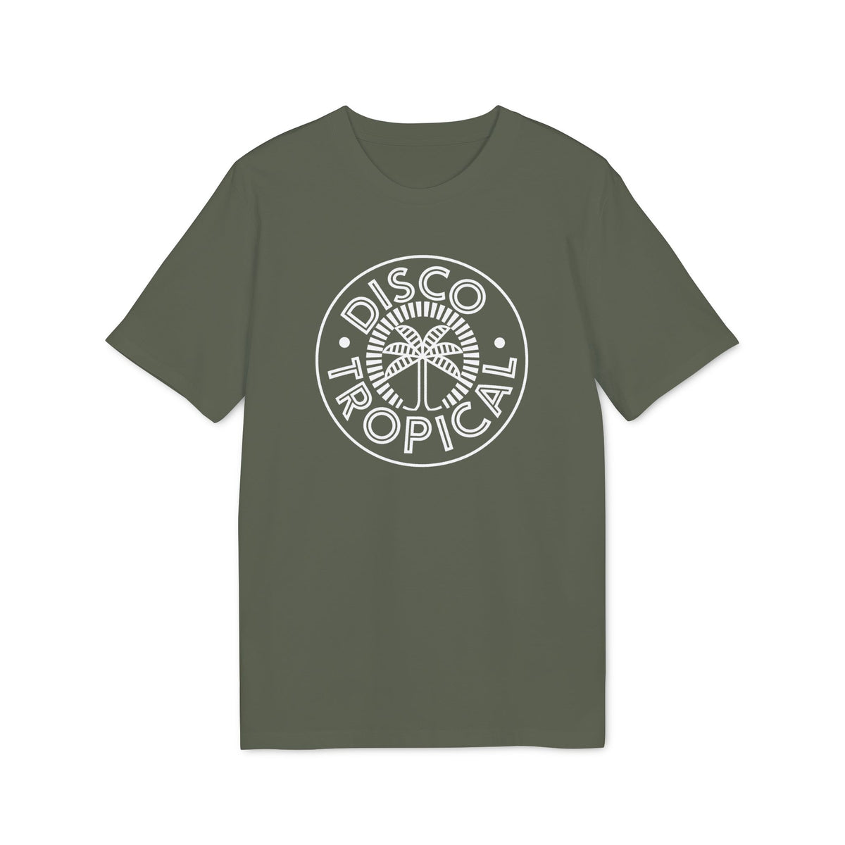 Olive green short-sleeved crewneck t-shirt featuring a circular white palm tree logo and the text Disco Tropical.
