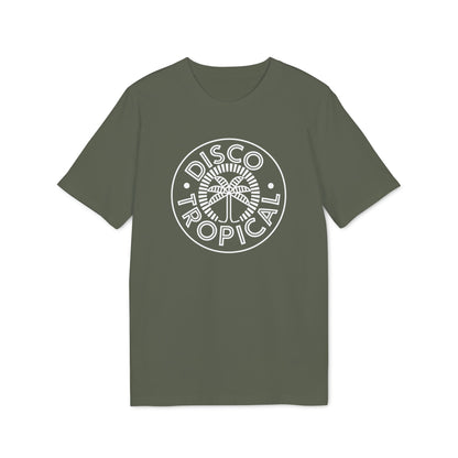 Olive green short-sleeved crewneck t-shirt featuring a circular white palm tree logo and the text Disco Tropical.