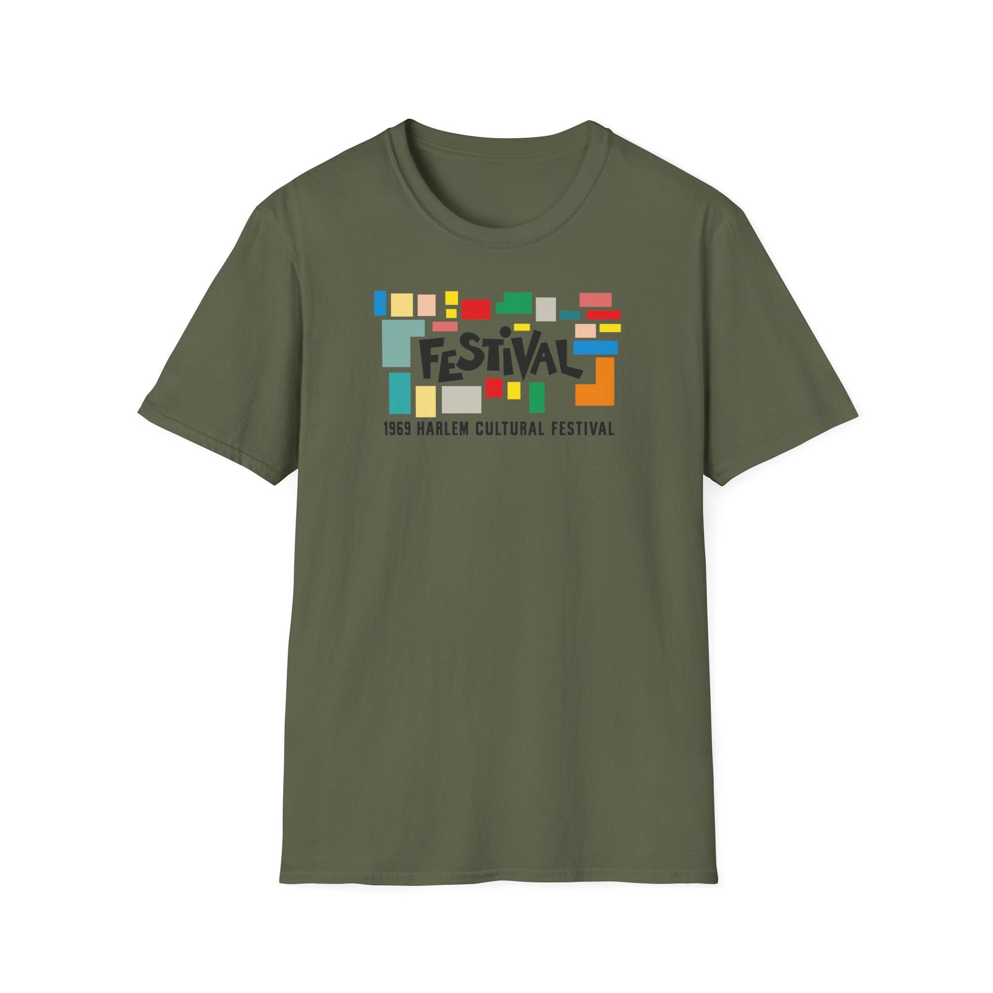 Olive t-shirt with colorful "FESTIVAL 1969 HARLEM CULTURAL FESTIVAL" graphic.