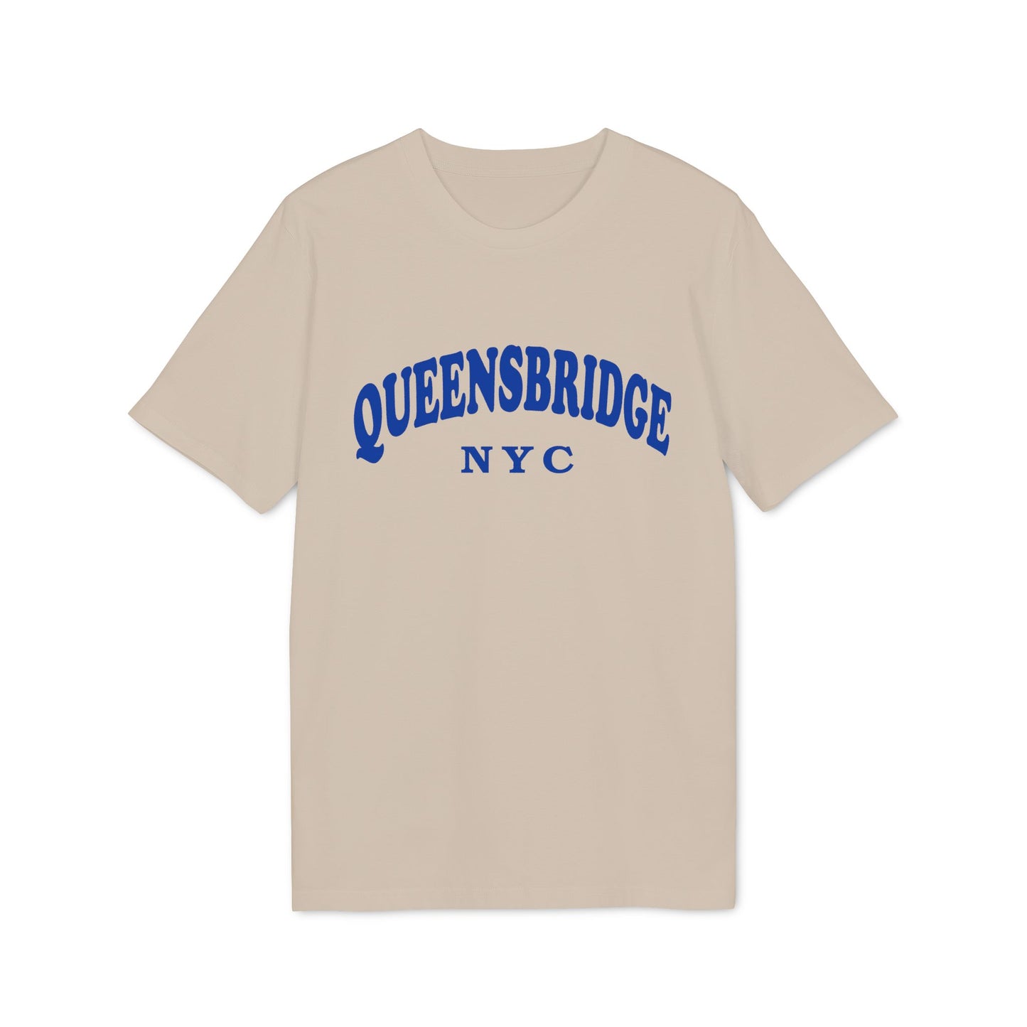 Light tan t-shirt with blue "QUEENSBRIDGE NYC" text across the chest.