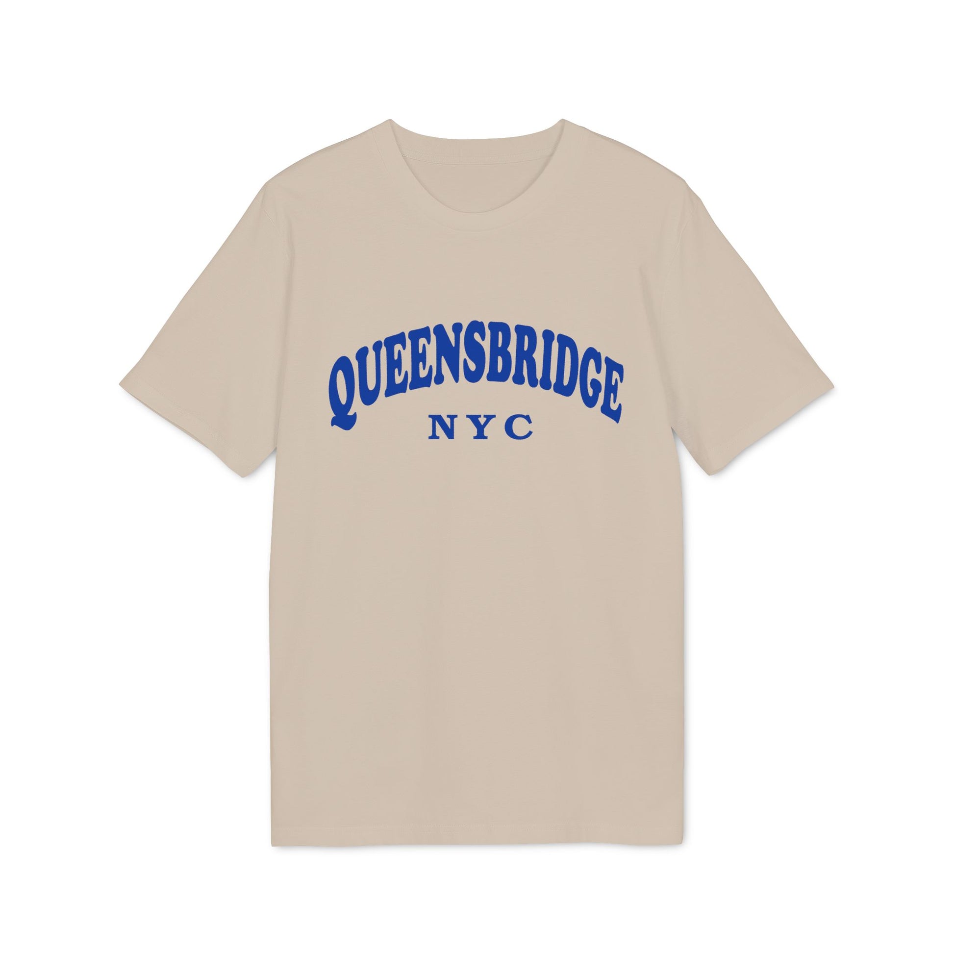 Light tan t-shirt with blue "QUEENSBRIDGE NYC" text across the chest.