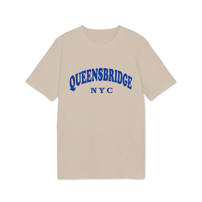 Light tan t-shirt with blue "QUEENSBRIDGE NYC" text across the chest.