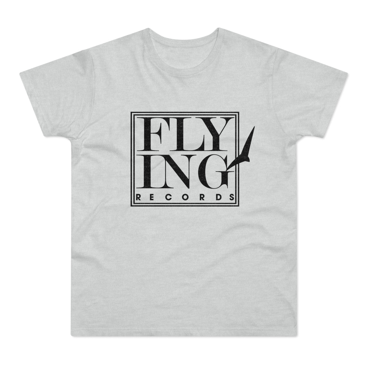 Light grey t-shirt with black "FLYING RECORDS" text and bird silhouette logo.