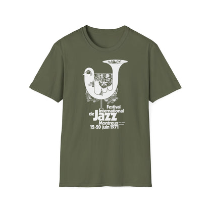 Green t-shirt with International Jazz Festival Montreux 1971 graphic.