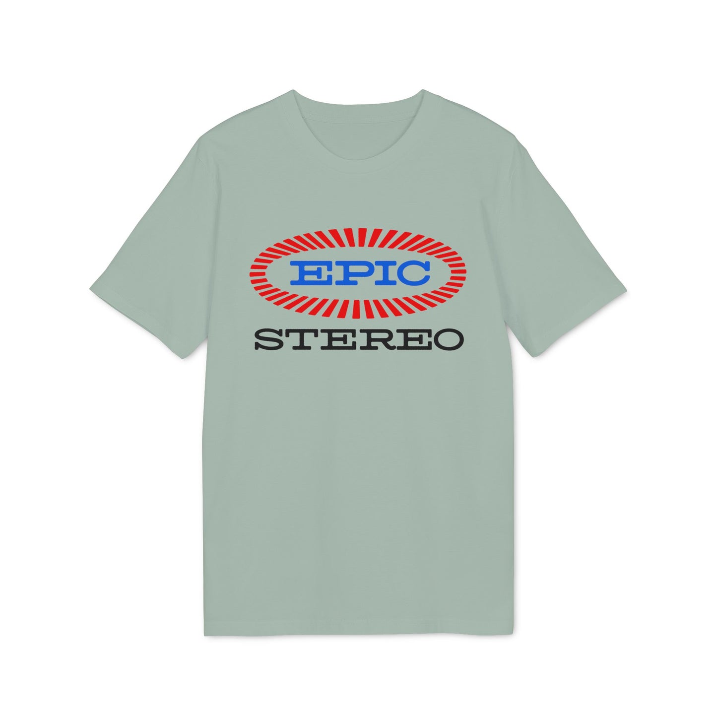 Light green t-shirt with oval "EPIC STEREO" logo in red and blue.