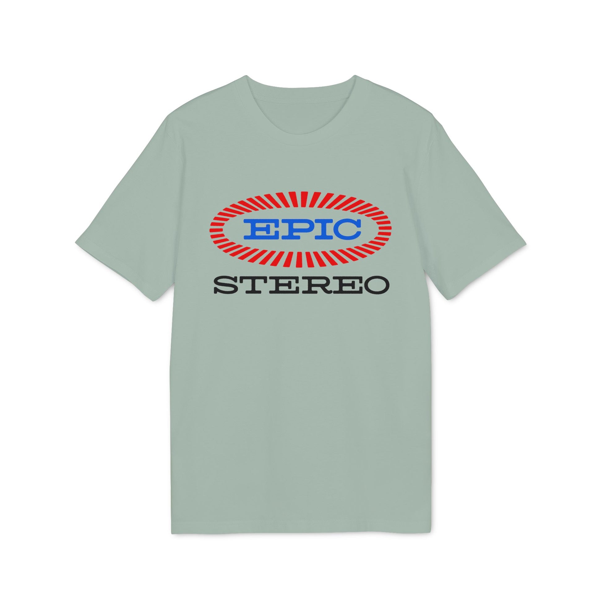 Light green t-shirt with oval "EPIC STEREO" logo in red and blue.