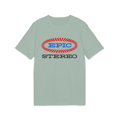 Light green t-shirt with oval "EPIC STEREO" logo in red and blue.