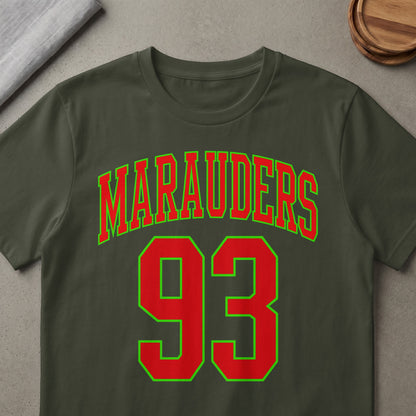 Olive green t-shirt with "Marauders 93" text in red and lime green.
