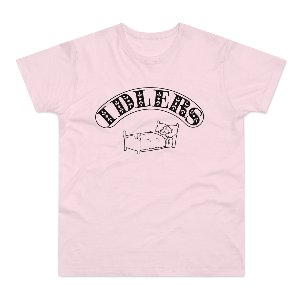 Pink t-shirt with black graphic of a person sleeping in a bed and the text "FIDLERS".