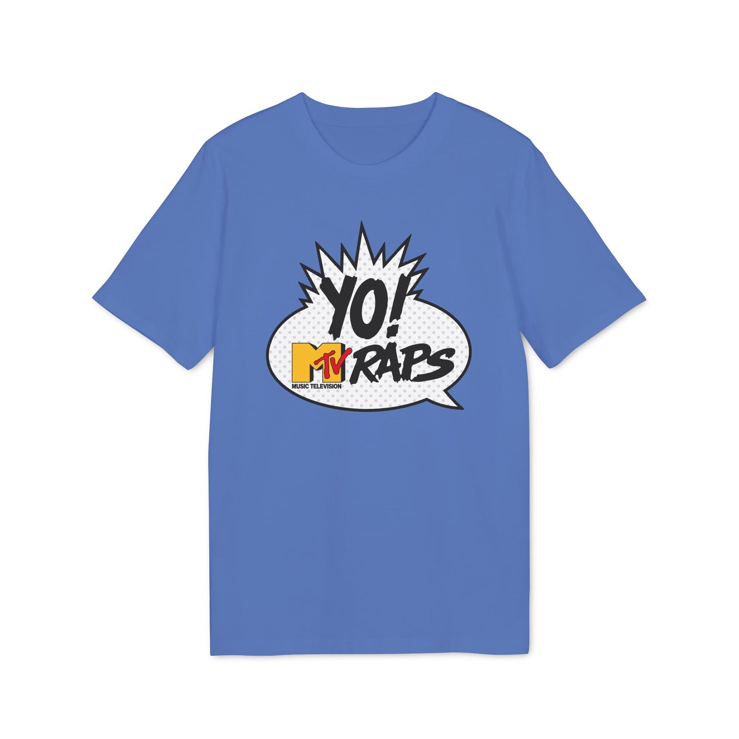 Blue t-shirt with "YO! MTV RAPS MUSIC TELEVISION" graphic in a speech bubble.
