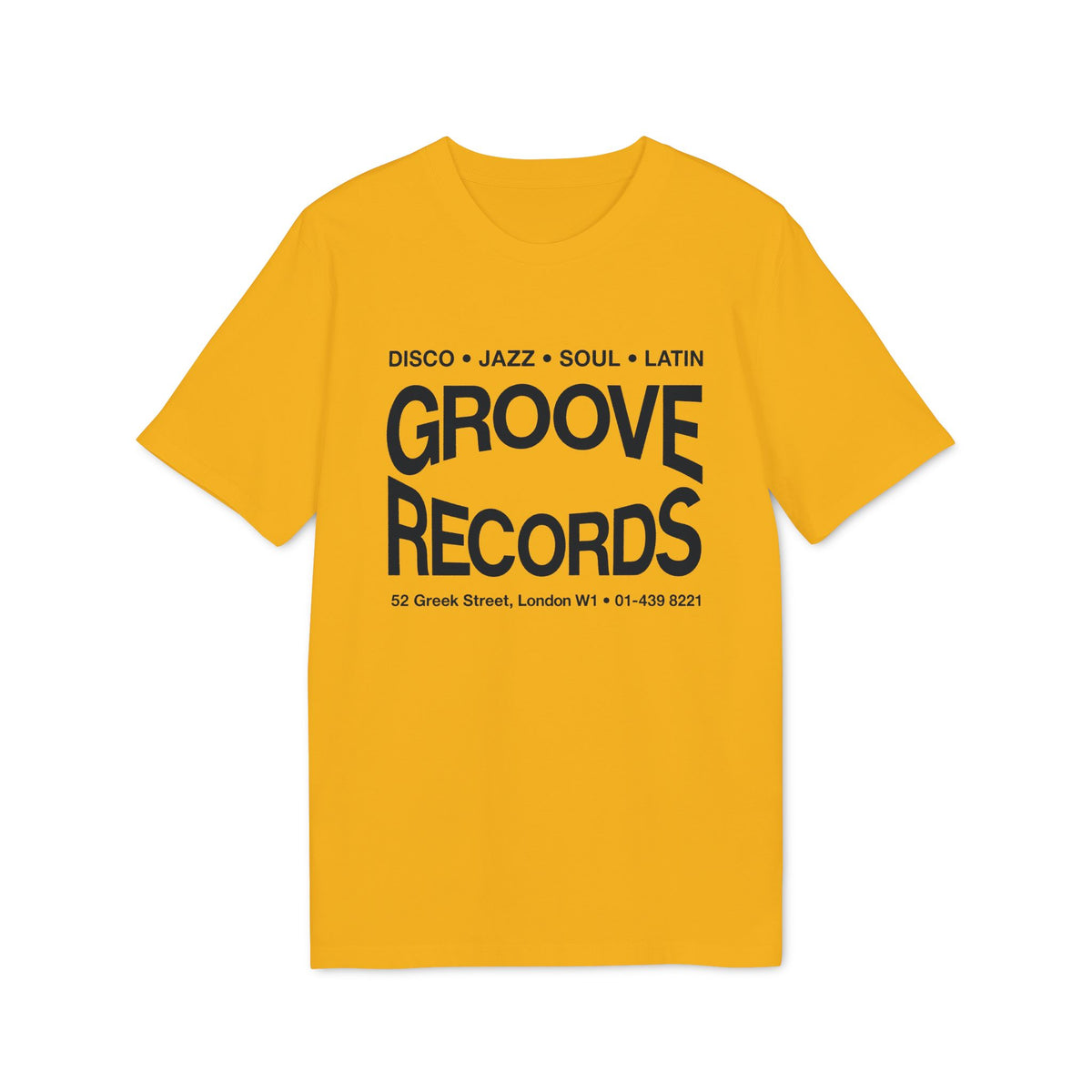 Mustard yellow short-sleeve crewneck t-shirt with black text on the chest reading Groove Records.