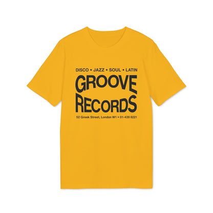 Mustard yellow short-sleeve crewneck t-shirt with black text on the chest reading Groove Records.