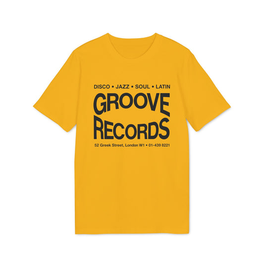 Mustard yellow short-sleeve crewneck t-shirt with black text on the chest reading Groove Records.