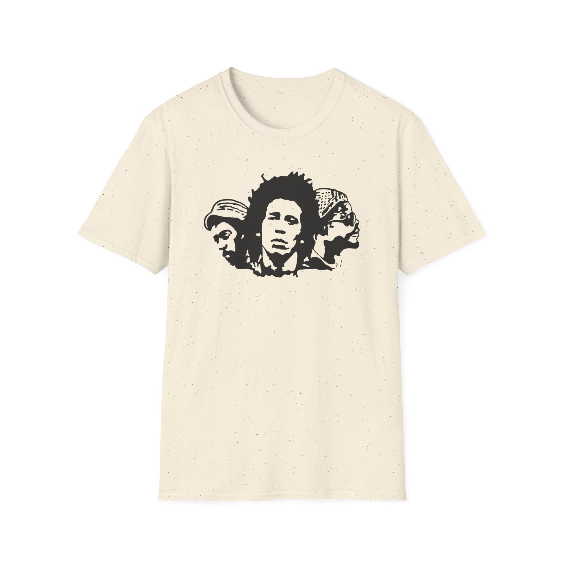 T-shirt with black graphic of three men's faces in a clustered arrangement.